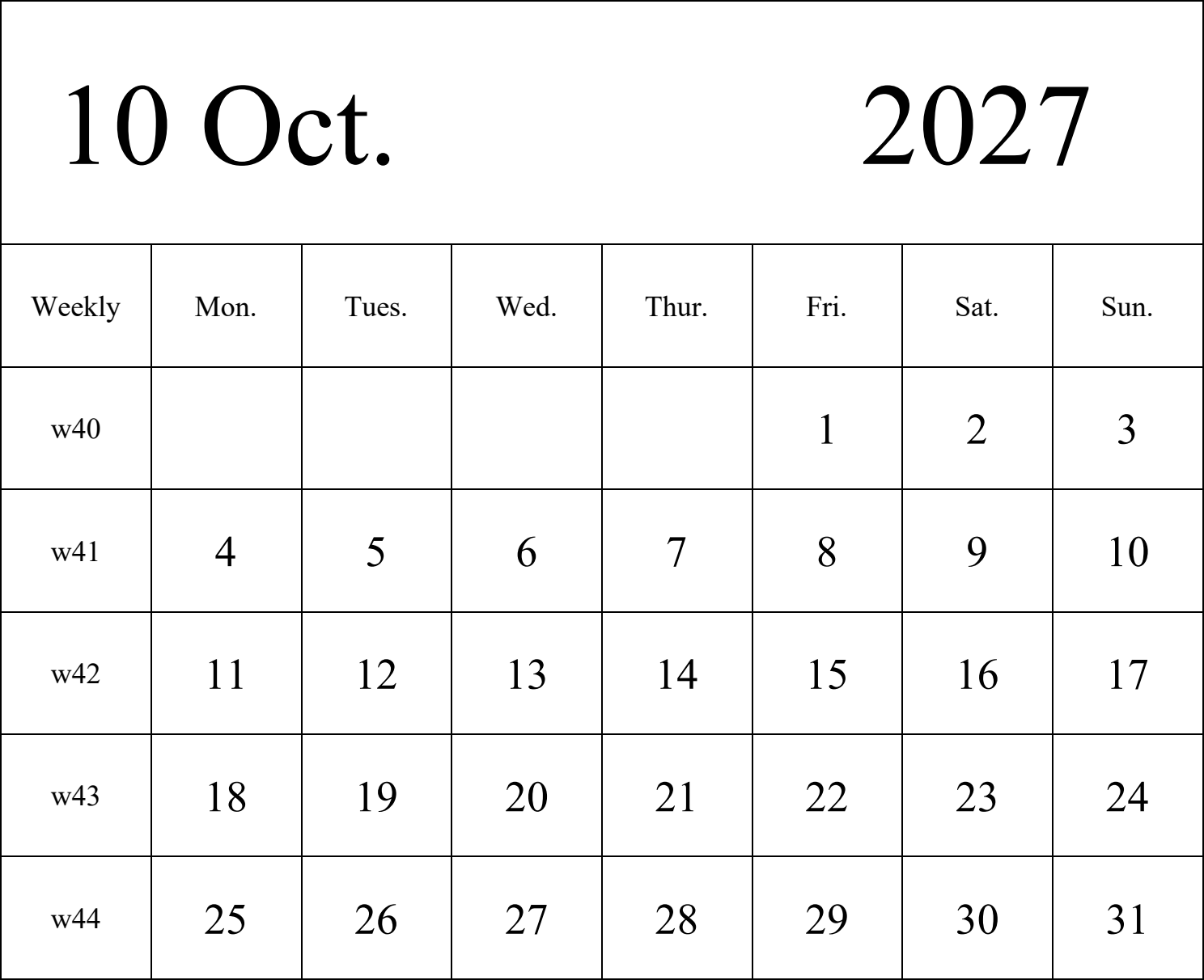 日历表2027年日历 英文版 纵向排版 周一开始 带周数